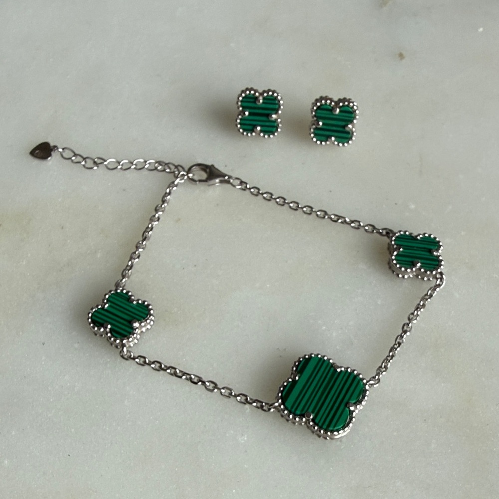 Sterling Silver 925 and Green Malachite Stud Earrings and Bracelet Set Van Cleef